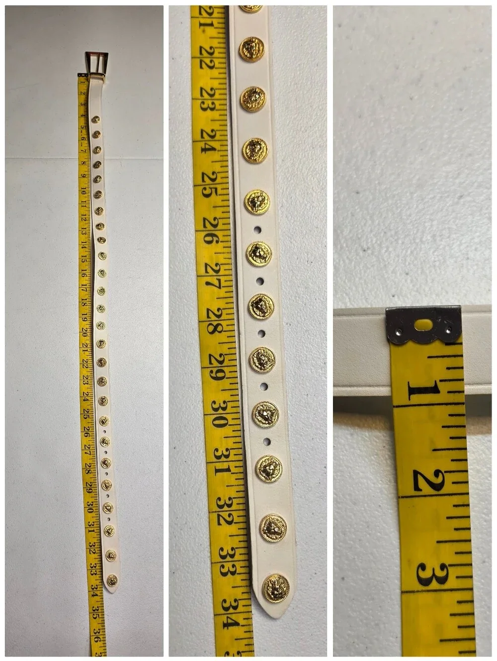 Vintage White Italian Leather Belt with Gold Tone Lion Head Medallion Studs